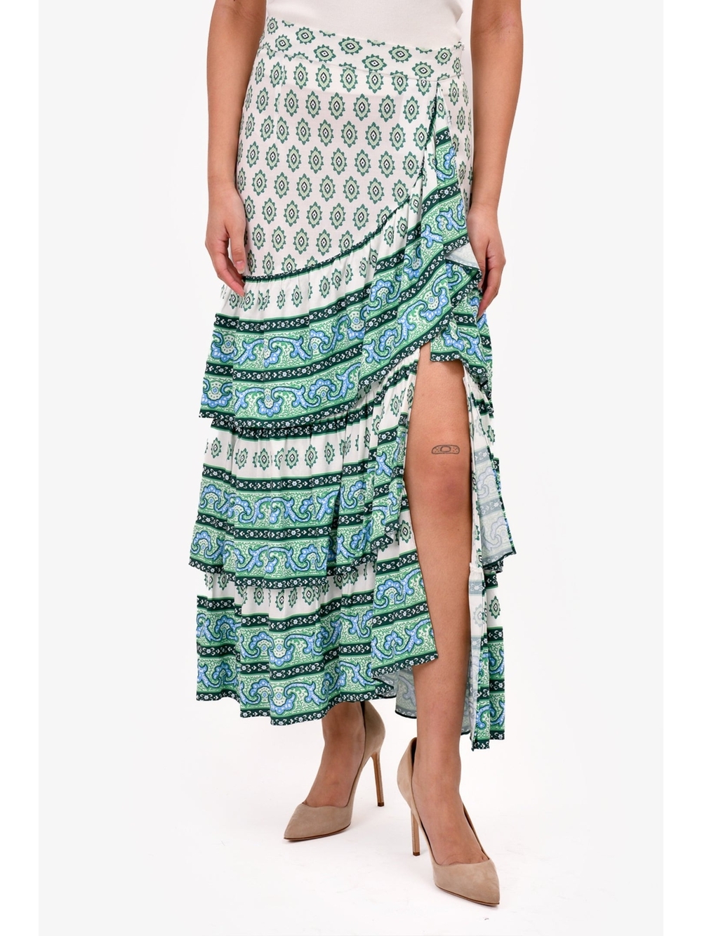 Sandro Green & White Printed Ruffle Wrap Skirt - Picture 6 of 16